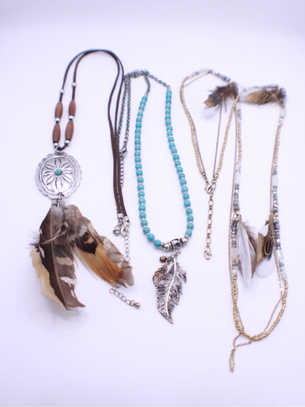 Lot of 3 Southwestern Boho Feather and Turquoise tone Bead Women's Necklaces